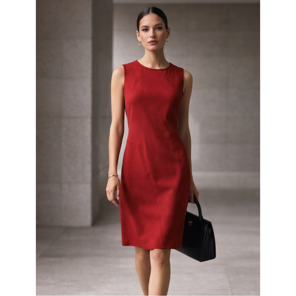 Lafayette 148 Red Midweight Wool Sheath Dress Sleeveless Architectural Seams M - Picture 3 of 15